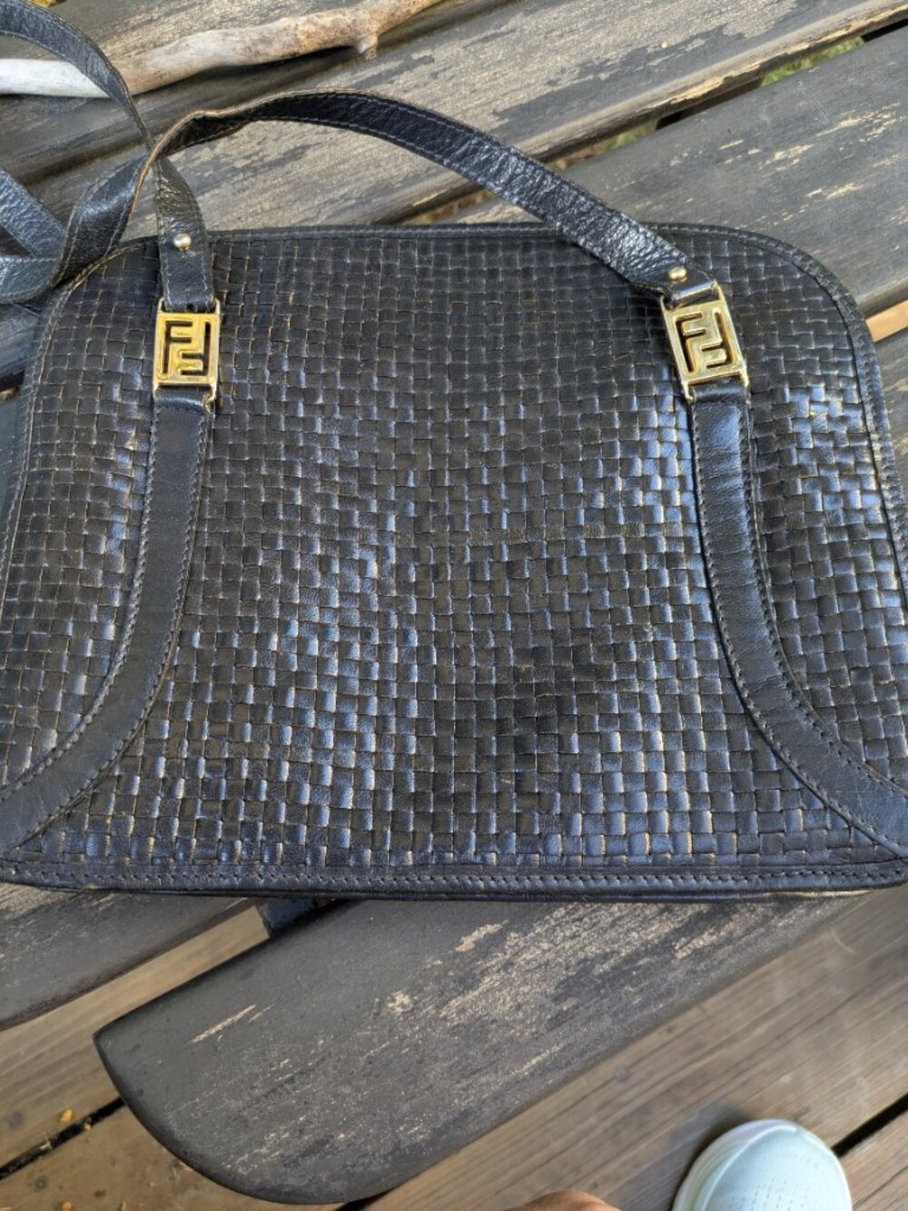 Authentic VTG Fendi Black Woven Leather Bag FF Logo 1970/80s Project Piece. - Picture 9 of 12